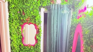 Ein Zimmer mit grüner Wand, einem Spiegel, einem Vorhang und einem flauschigen rosa Teppich.