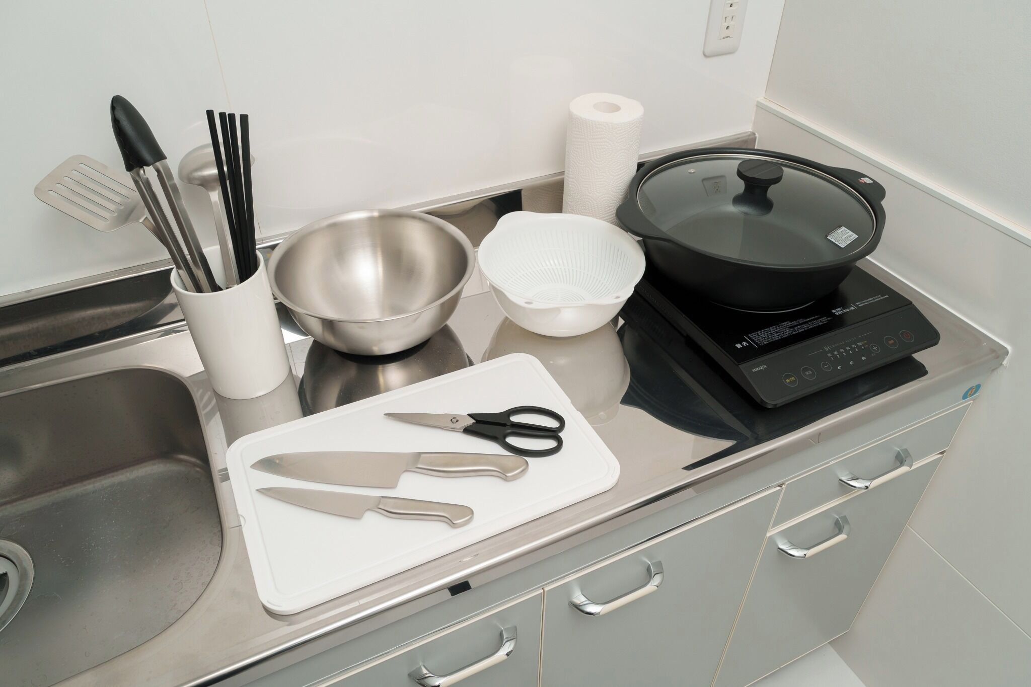 Fridge, microwave, cookware/dishes/utensils