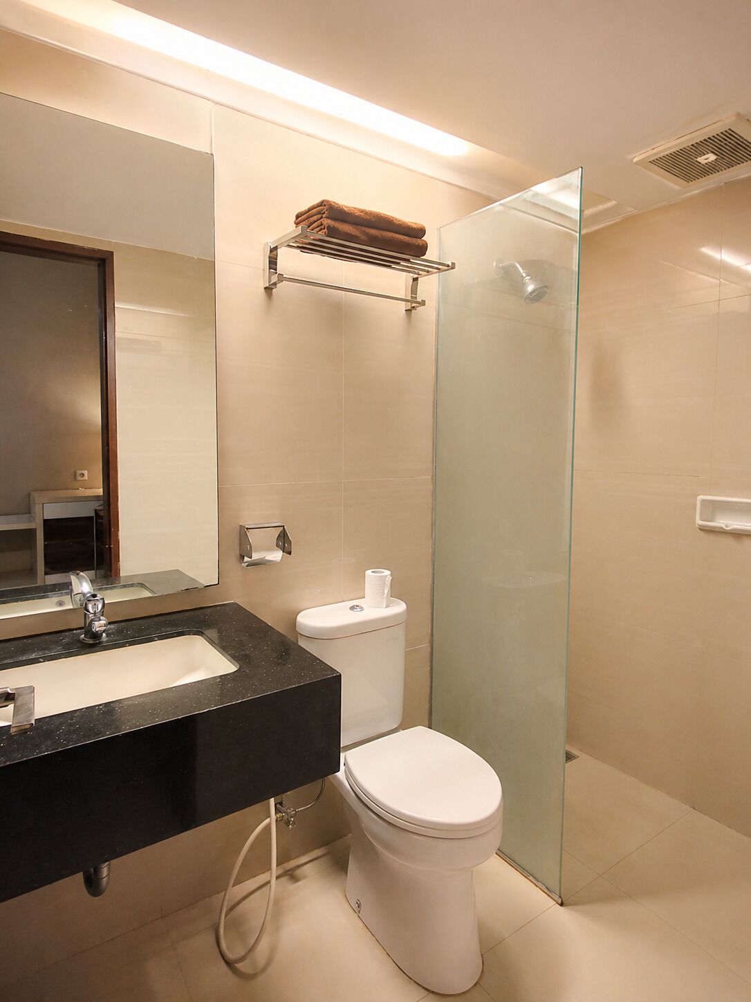 A modern bathroom with a glass shower enclosure, a black sink, and a toilet.