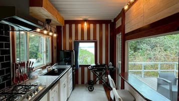 Fridge, microwave, stovetop, cookware/dishes/utensils