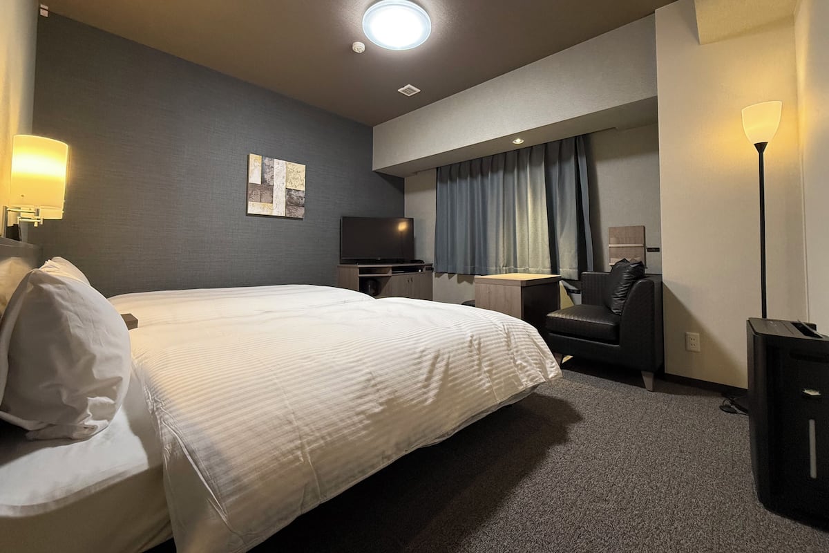 A hotel room with a large bed, a desk with a chair, a flat-screen TV, and a ceiling light.