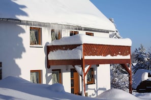 Edifici cobert de neu amb estructura de fusta al davant.