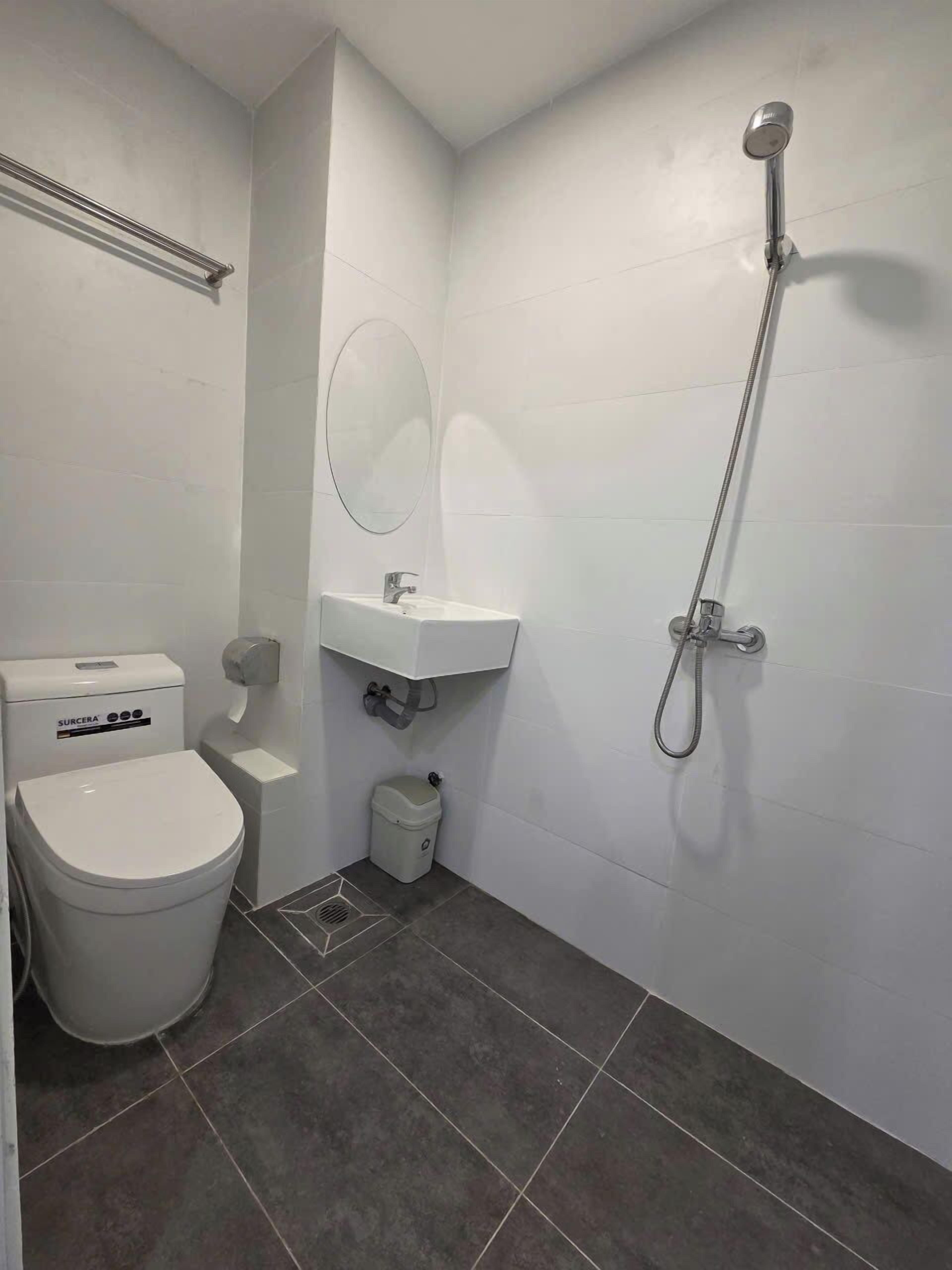 A bathroom with a toilet, sink, mirror, and shower.