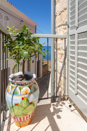 Una planta de cactus en maceta en un balcón con vista al mar.