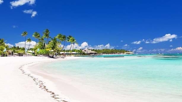 A beach with white sand, clear turquoise water, and palm trees.