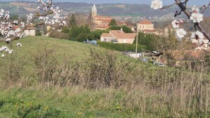 Un paisaje rural con una iglesia, casas y árboles en flor.