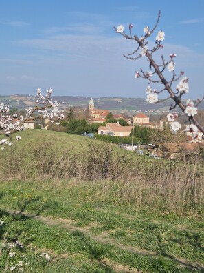 A rural landscape with a church, houses, and blooming trees. - THE CHARM OF THE COUNTRYSIDE (Saint-Avit)