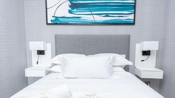 Desk, laptop workspace, blackout curtains, free WiFi