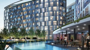 A modern hotel with a curved facade, outdoor pool, and a restaurant area with people dining. - Lux Ellipse Galelileo (Midrand)