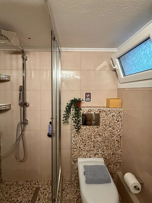 Un bagno con doccia, WC e un piccolo lavandino.