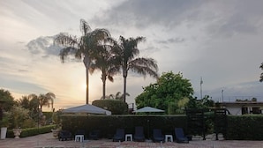A poolside area with lounge chairs, umbrellas, and palm trees. - Apartment 'Pathos Retreat Ulivo' with Shared Pool, Wi-Fi and Air Conditioning (Arenella)