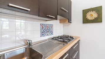 KĂŒhlschrank, Mikrowelle, Herdplatte, Wasserkocher mit Kaffee-/Teezubehör