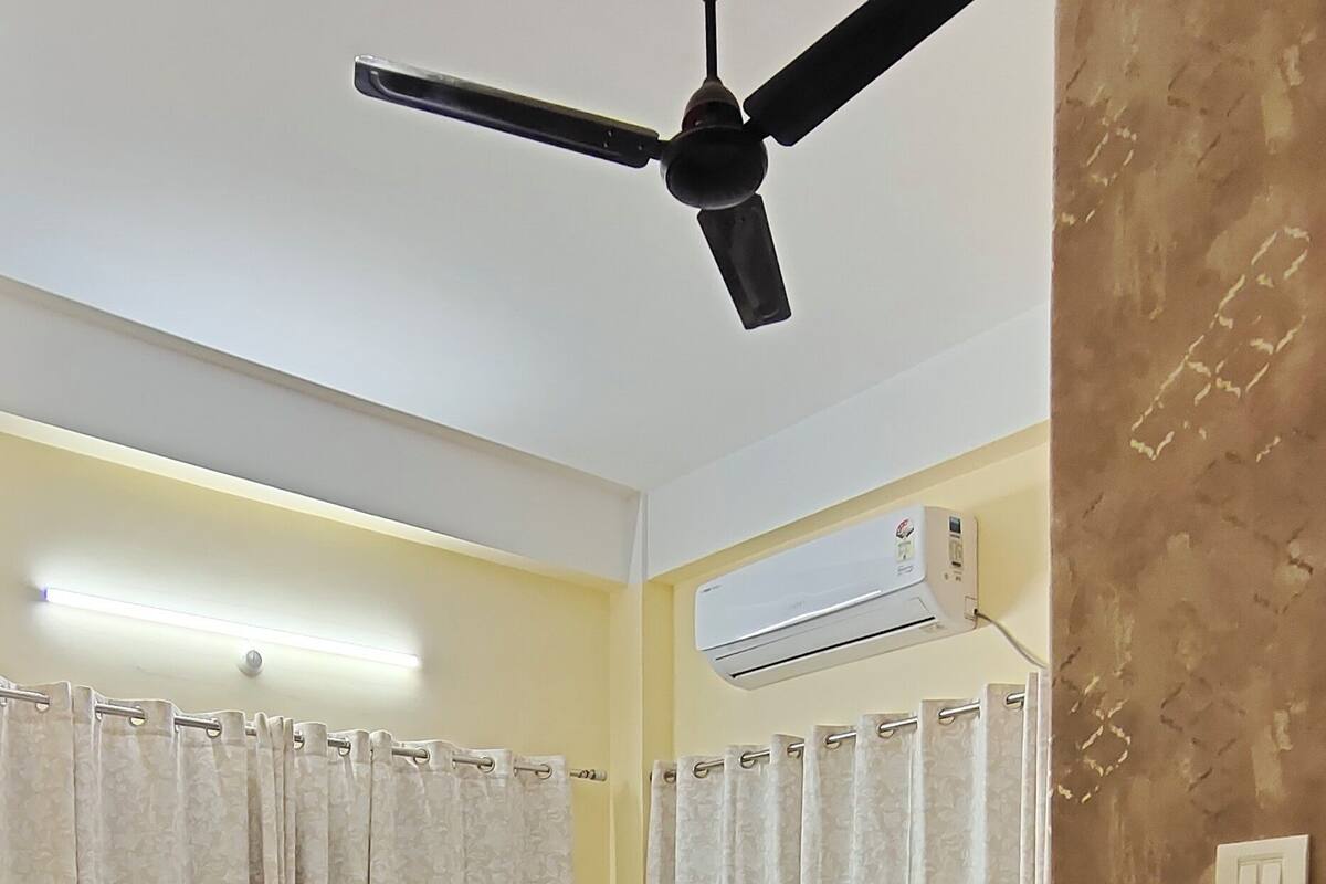 A bedroom with a bed, ceiling fan, air conditioning unit, curtains, and a small table with a plant.