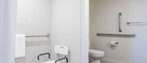 Un baño con ducha, inodoro, barra de apoyo y banco accesible para sillas de ruedas.