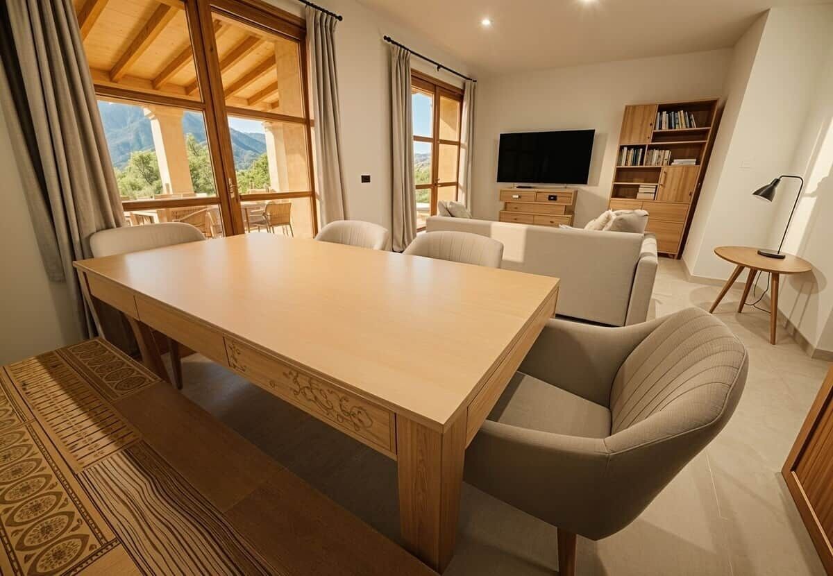 Sala moderna com mesa de jantar de madeira, sofás bege e uma televisão.