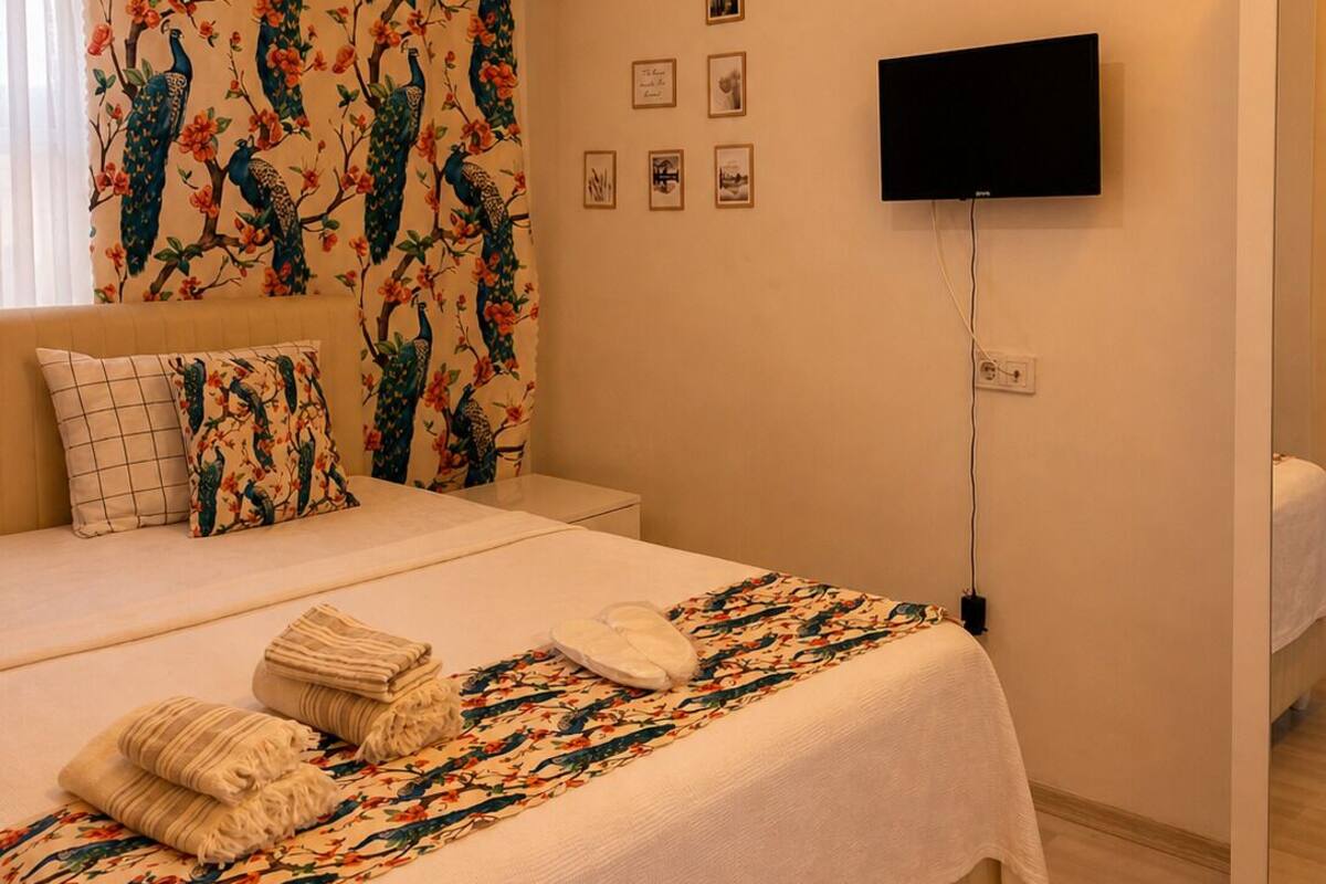 Une chambre d’hôtel avec un grand lit, un téléviseur à écran plat, un miroir et un climatiseur fixé au mur.