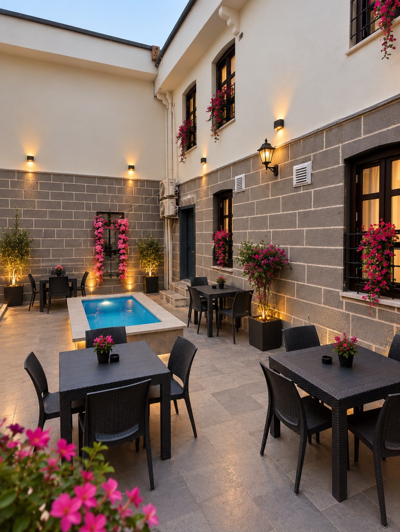 Un patio al aire libre con piscina, mesas, sillas y plantas en macetas.
