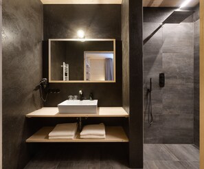 Chuveiro, secador de cabelo, toalhas de banho 