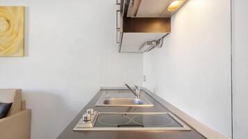 Fridge, microwave, stovetop, coffee/tea maker