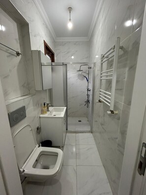 A modern bathroom with a toilet, sink, and shower area. - Bohemian Antique House in Colorful Balat (İstanbul)