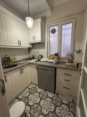 A compact kitchen with white cabinets, a granite countertop, a dishwasher, and a patterned floor. - Bohemian Antique House in Colorful Balat (İstanbul)