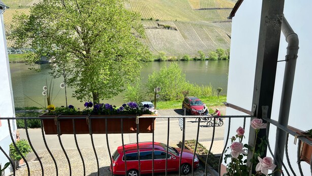 A balcony with a view of a lake, a red car parked on the street, and a tree. - Apartment "Ferienwohnung 2" with Balcony, Moselle & Mountain Views, Shared Terrace, and Wi-Fi (Bernkastel-Kues)