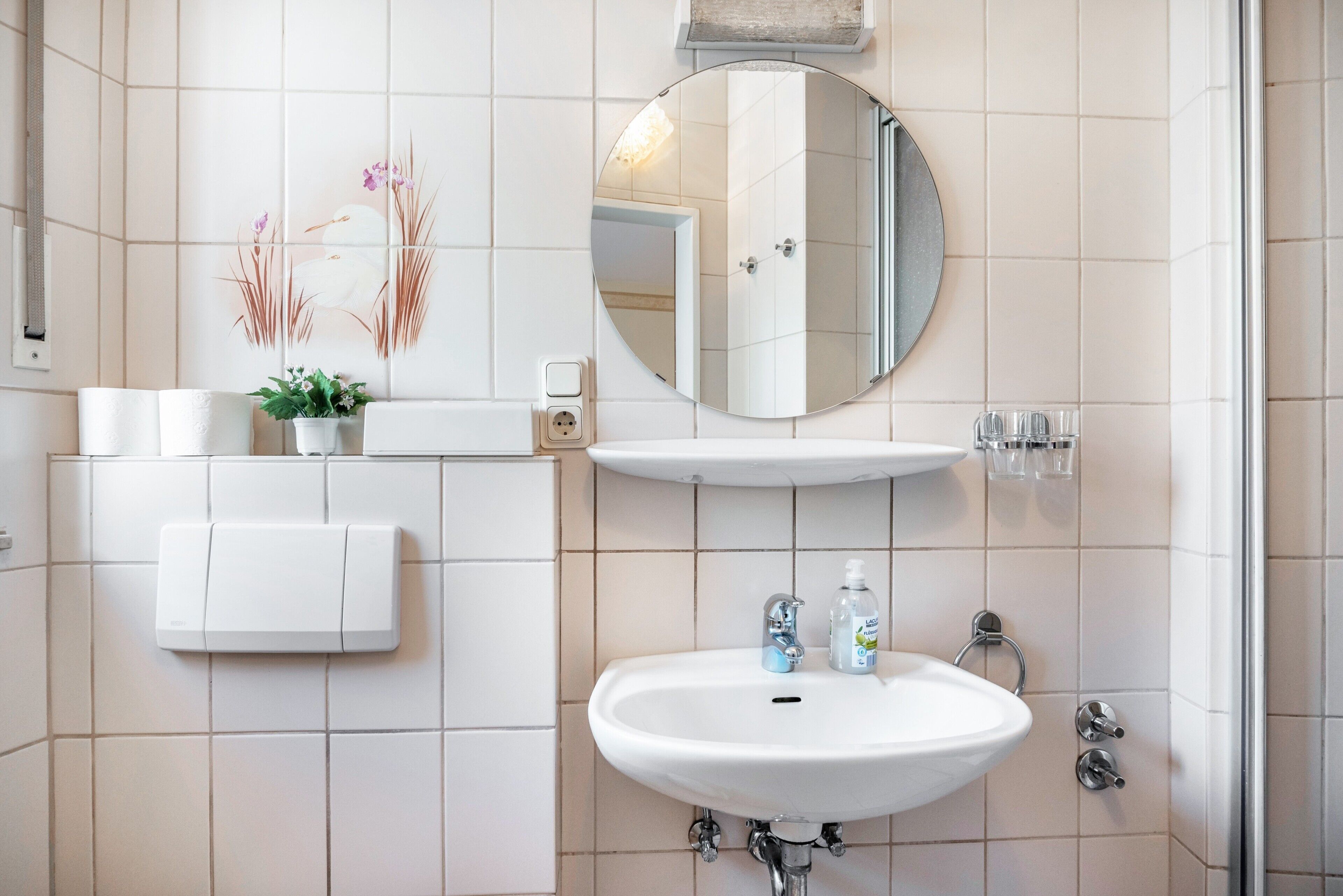 Un baño con un lavamanos blanco, un espejo, un dispensador de toallas y una pequeña planta en maceta.