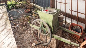 Een tuin met een kruiwagen, een metalen hek en een houten omheining.