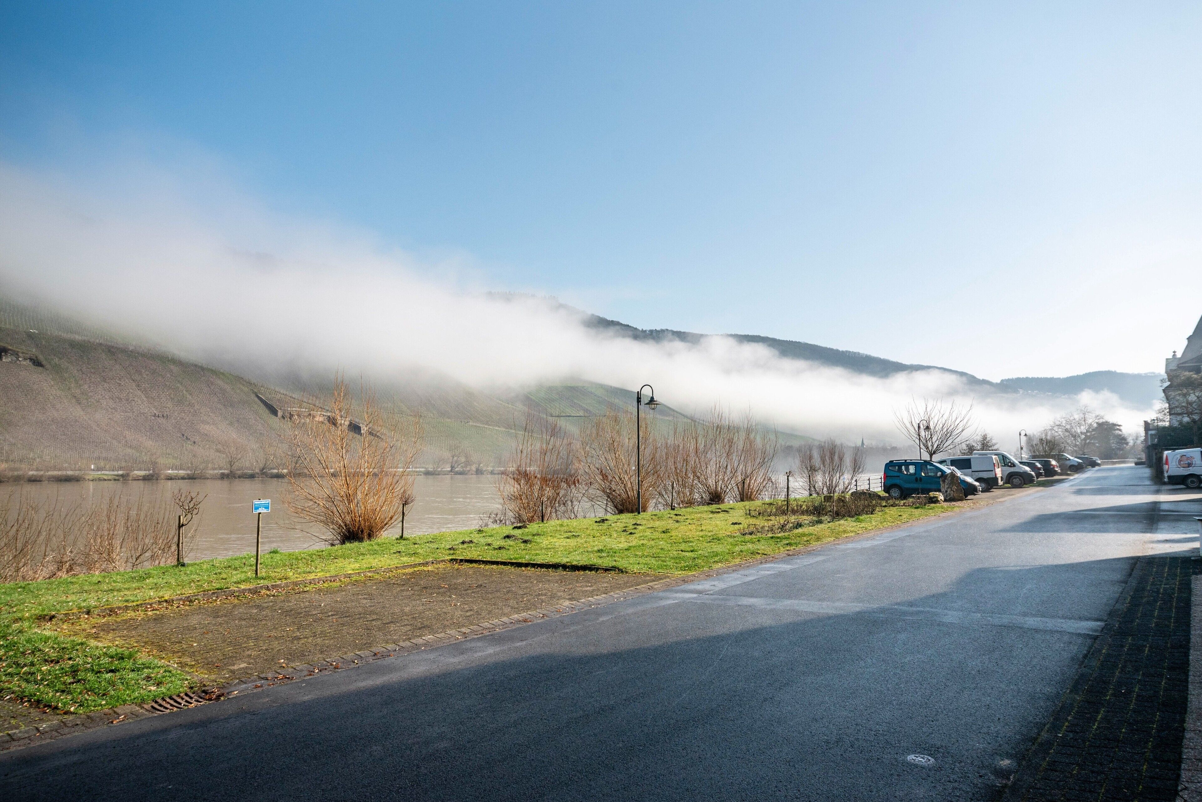 A road with parked cars, a grassy area, and a river.