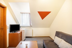 Una habitación pequeña y luminosa con una televisión sobre un mueble de madera, un sofá con un cojín estampado y una ventana con cortinas.