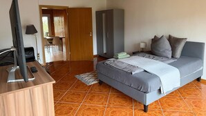 Una camera da letto con un letto, una scrivania, una TV e un armadio.