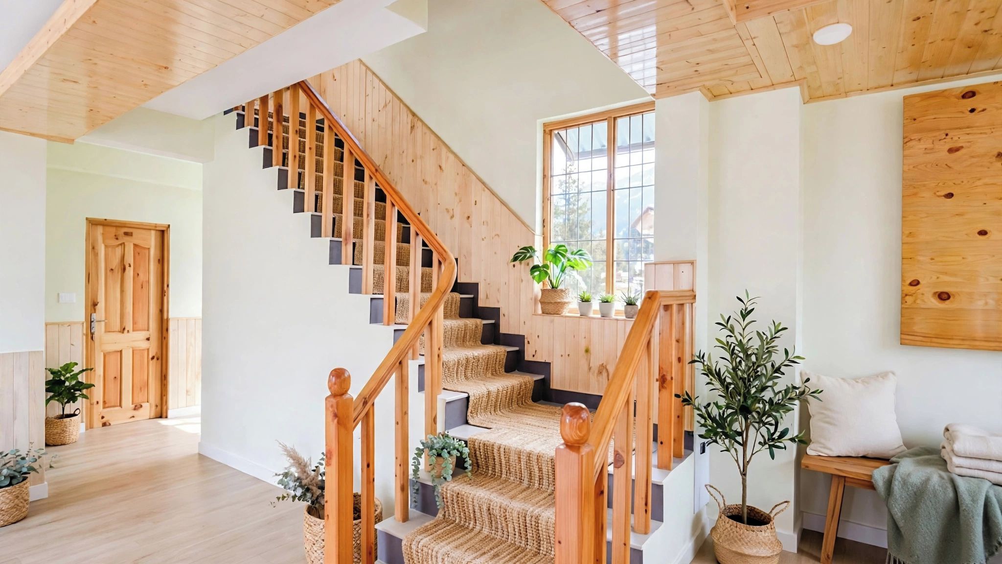 A wooden staircase with woven steps, a wooden door, and potted plants.