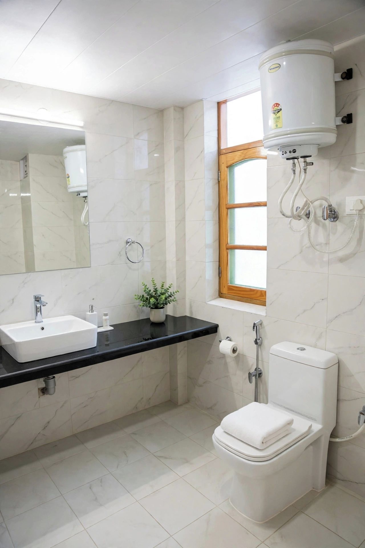 Un baño con lavamanos, inodoro y ventana.