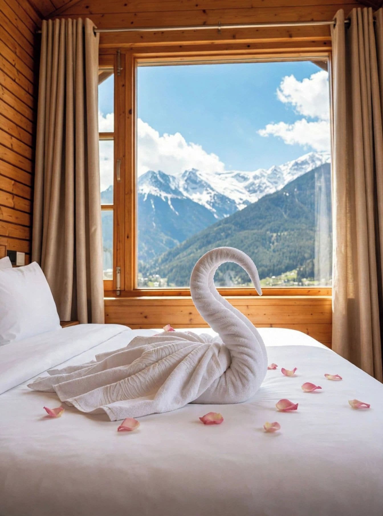 Una cama con una toalla con forma de cisne y pétalos de rosa, interior de una cabaña de madera y vista de la montaña a través de una ventana.