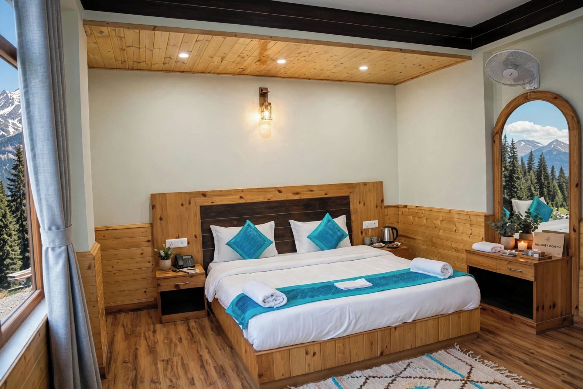 A hotel room with a wooden headboard, a bed with white bedding and blue accents, a bedside table with a lamp, a nightstand, and a view of mountains through a window.