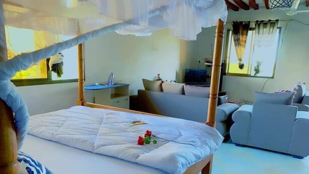 Ein Bett mit Baldachin, weiß zudeckend, mit einer einzelnen roten Rose. Im Hintergrund befindet sich ein graues Sofa und ein kleiner Tisch.