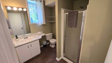 Hair dryer, towels, soap, shampoo