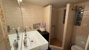 Douche, sèche-cheveux, serviettes fournies, savon