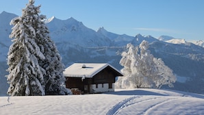 A wooden cabin with a snow-covered roof, surrounded by snow-laden trees and mountains in the background. - swissmountainview - sunny & quiet - terrace, Jacuzzi, view to lake + mountains (Beatenberg)