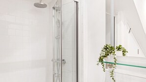 Chuveiro moderno com porta de vidro, chuveiro transparente e planta em um prateleira de vidro.