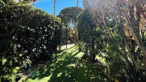 Un jardín cuidado con palmeras, un sendero y una valla.