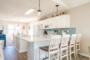 Fridge, microwave, oven, stovetop - Knot Too Shabby - 4 BR Home with Covered Porch and Ocean View (North Topsail Beach)
