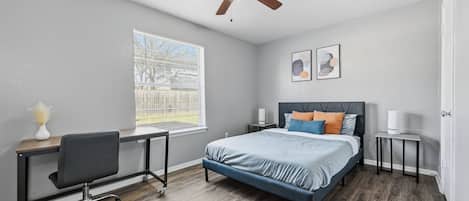 1 bedroom, desk, iron/ironing board, travel cot