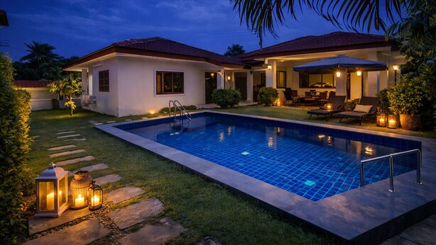 Une maison moderne dot ée d’une piscine, d’un espace salon extérieur et d’une terrasse bien éclairée.