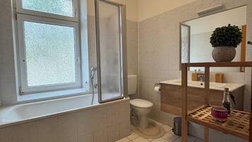Hair dryer, towels, soap, toilet paper