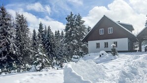 Un paisaje nevado con una casa y árboles.