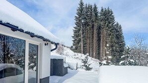 Una casa moderna con puerta de cristal de entrada, rodeada de nieve y un bosque al fondo.