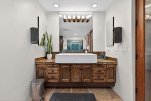 Une salle de bain moderne avec un grand meuble-lavabo en bois, un lavabo blanc et un miroir au-dessus. Deux plantes en pot sont posées sur le meuble-lavabo, et une poubelle se trouve à gauche.