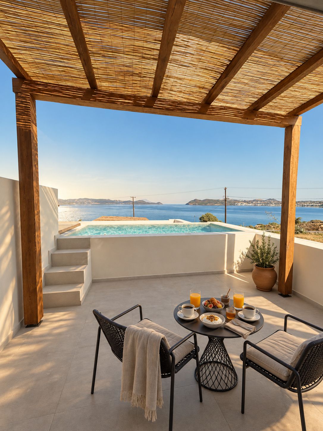A terrace with a pool, dining table, chairs, and a view of the sea.
