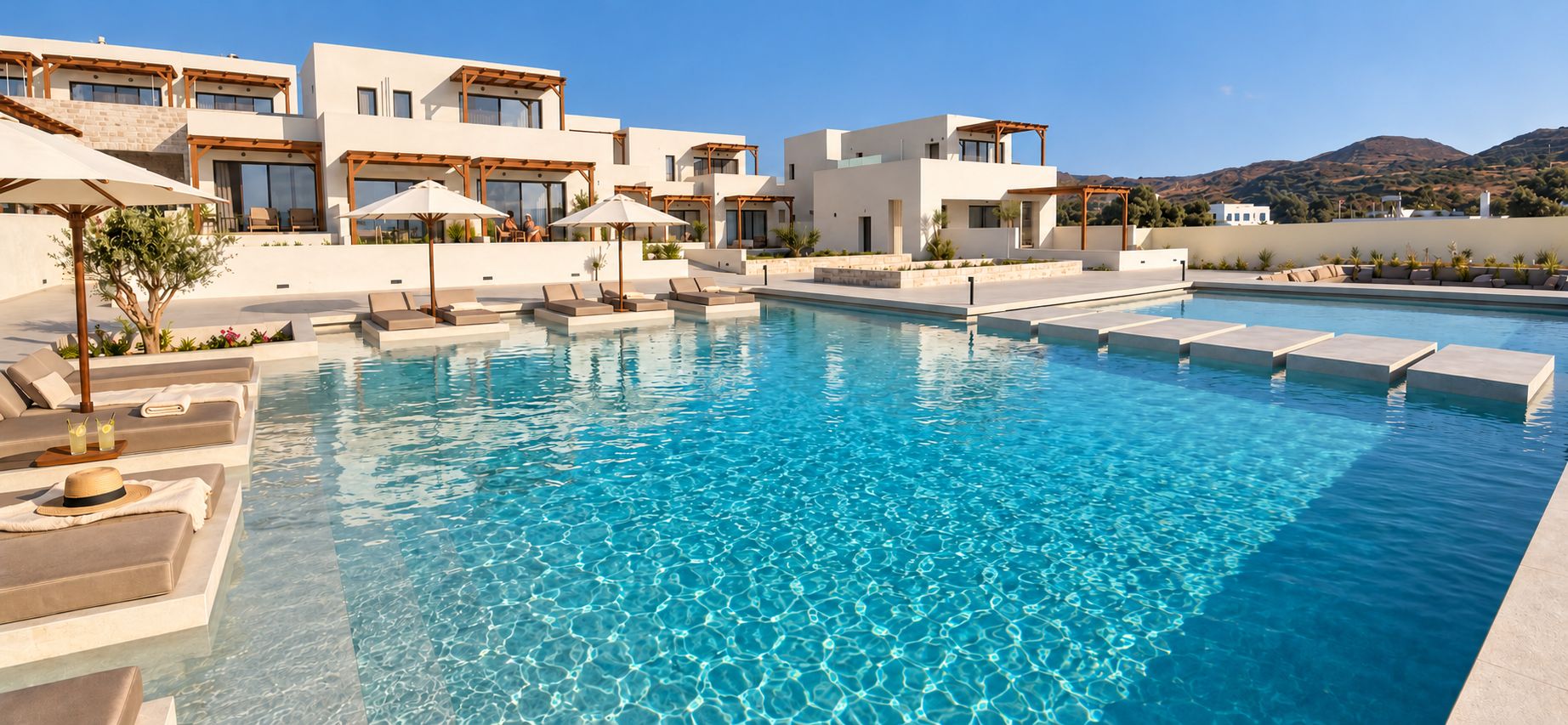 Ein moderner Poolbereich mit Liegestühlen und Sonnenschirmen, umgeben von zeitgenössischen Gebäuden mit Blick auf die Hügel.